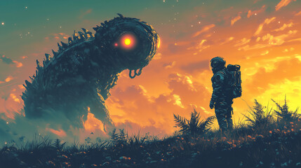 Poster - Astronaut encounters mysterious creature in alien landscape during vibrant sunset. Generative AI