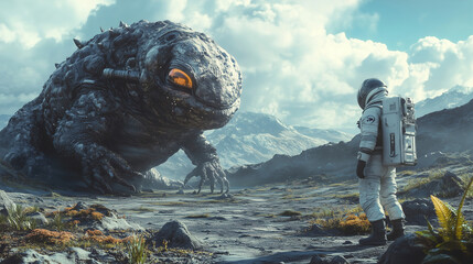 Poster - An astronaut encounters a gigantic alien creature on a distant planet under a bright blue sky with mountains in the background. Generative AI