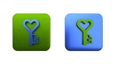 Poster - Colorful Key in heart shape icon isolated on white background. Happy Valentines day. Square button. 3D render illustration