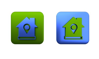 Poster - Colorful Map pointer with house icon isolated on white background. Home location marker symbol. Square button. 3D render illustration