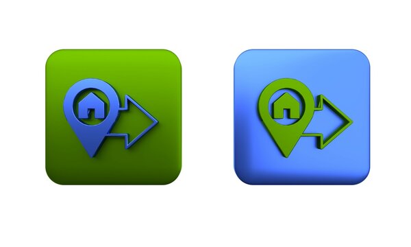 Colorful Map pointer with house icon isolated on white background. Home location marker symbol. Square button. 3D render illustration