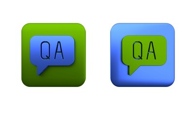 Poster - Colorful Speech bubbles with Question and Answer icon isolated on white background. Q and A symbol. FAQ sign. Chat speech bubble and chart. Square button. 3D render illustration