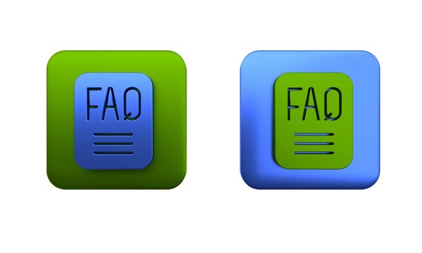 Colorful Speech bubble with text FAQ information icon isolated on white background. Circle button with text FAQ. Square button. 3D render illustration