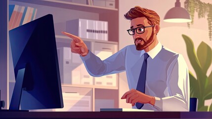 Poster - A bearded man in a blue shirt and glasses points at a computer screen.