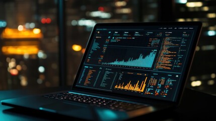 Poster - A laptop displaying data analytics and graphs against a city backdrop at night.