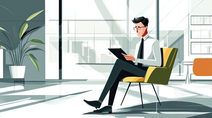 Poster - Businessman Sitting in a Chair with a Tablet in a Modern Office