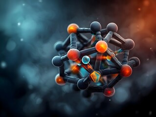 Aufkleber - Striking three dimensional rendering of a sophisticated chemical compound featuring a network of interlocking geometric shapes and vibrant luminescent bonds depicted with a painterly