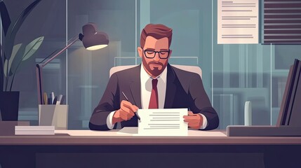 Poster - Businessman in a suit signing a document at his desk.