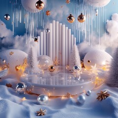 Wall Mural - cozy new year abstract scene 3d with abstract forms , ice elements