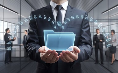 Poster - Secure Data Sharing: A businessman in a modern office carefully presents a glowing digital folder, symbolizing secure data transfer and collaboration among his team.