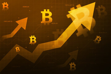Poster - Bitcoin crypto currency prices going upward with arrow and glowing signs, financial backdrop. Digital currency prices surge concept background
