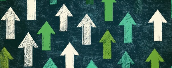 Poster - A pattern of upward-pointing arrows in various shades of green and white on a textured dark background, symbolizing growth and progress.