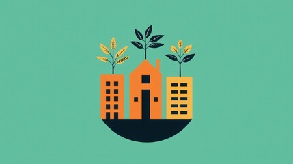 Poster - A stylized illustration of buildings with plants growing from their roofs, symbolizing urban greenery and sustainability.