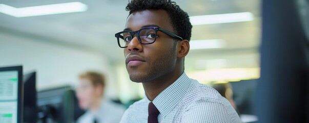 Poster - A focused professional in glasses sits at a desk, working intently on a computer in a modern office environment.