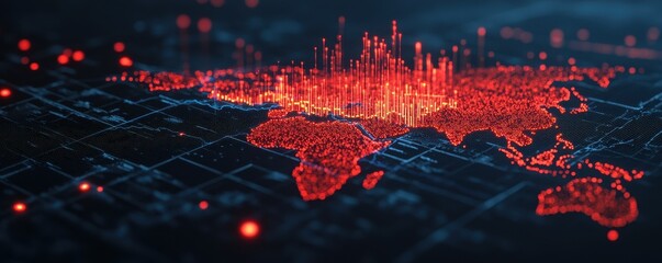 Poster - A digital map of Asia illuminated in red, showcasing data points and networks, emphasizing technology and connectivity.