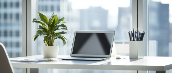 Poster - A modern workspace featuring a laptop, plant, and stationery in a bright office setting.
