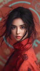 Poster - Captivating Portrayal of Dynamic Feminine Beauty and Retro Futuristic Aesthetics  A mixed media digital painting and collage featuring a woman with a bold captivating gaze dynamic movements