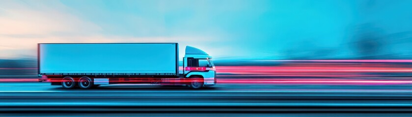Aufkleber - Truck with autonomous driving tech on multilane highway, side view, emphasizing AI in logistics, robotic tone, Triadic Color Scheme
