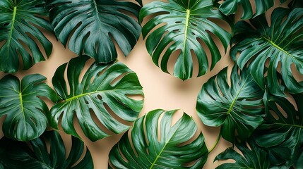 Wall Mural - A collection of lush green monstera leaves arranged on a light background.