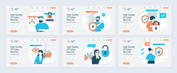 Leinwandbilder - Cyber security concept of landing page with slide templates set in flat design. Website headers with people using online protection system with identify and firewall shield. Vector illustrations.