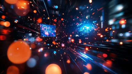 Poster - A digital tunnel with lights and streaks of light in red, blue and orange