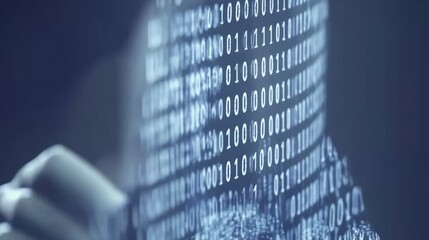 Poster - A close-up of binary code flowing on a digital interface, symbolizing technology and data processing.