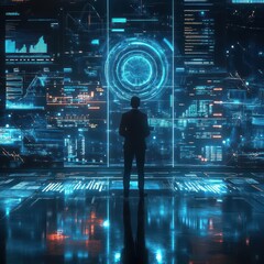 Aufkleber - Holographic data analyst, interactive charts, business tech environment, neon blue glow, sci-fi feel.