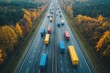 © taweesak - Heavy traffic on multilane highway with numerous trucks in motion, aerial view, showcasing complexity of freight systems, technology tone, Analogous Color Scheme