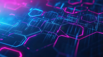 Fototapete - Glowing hexagonal data patterns with 3D depth, bright neon lines, digital texture, abstract scifi look