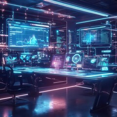 Poster - Futuristic workspace with smart tech interfaces virtual whiteboards innovative design digital tone Tetradic color scheme