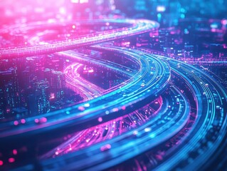Poster - Futuristic multilevel highway in a bustling Metaverse city, with vehicles hovering above layers of neonlit streets and holographic pedestrians