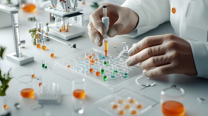 Poster - Extreme close up of researcher s hands deftly manipulating micropipette loading colorful chemical solutions into clear testing plates surrounded by intricate scientific apparatus in a clean
