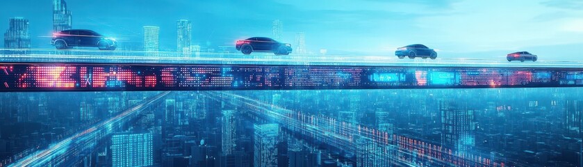 Poster - Elevated digital road spanning a futuristic city grid, with vehicles gliding above glowing skyscrapers and pixelated bridges below