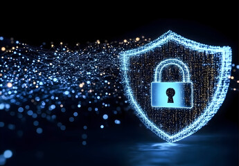 Wall Mural - Cybersecurity digital shield with a padlock icon on a dark blue background.