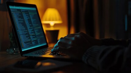 Poster - A person typing on a laptop in a dimly lit room with a lamp.