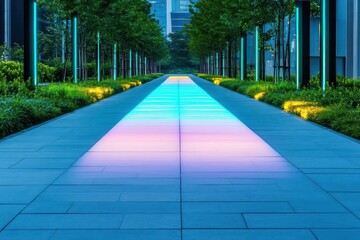 Poster - Bioluminescent walkways lighting up public spaces top view illustrating natureinspired urban lighting futuristic tone Complementary Color Scheme