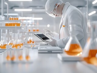 Poster - Biologist conducting research and data analysis on a handheld tablet device surrounded by rows of advanced laboratory equipment glass beakers and holographic projections