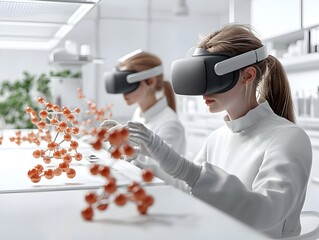 Poster - Biotech researchers wearing advanced VR headsets and haptic gloves immersed in a futuristic virtual simulation that visualizes intricate 3D molecular models and dynamic biochemical processes