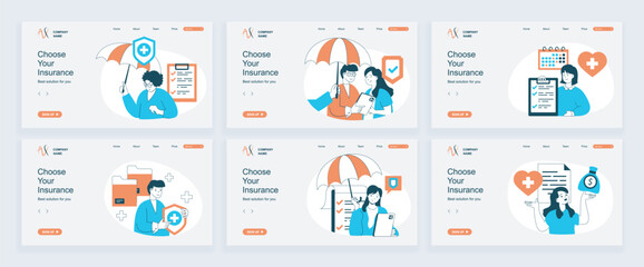 Poster - Insurance concept of landing page with slide templates set in flat design. Website headers with people using protection service agreement for saving health, family, finance. Vector illustrations.