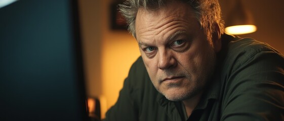 Poster - A man with a serious expression sits in a dimly lit room, focused on a computer screen.