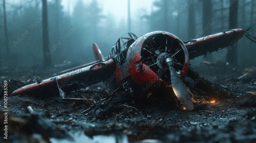 A captivating image of a rusting old plane crash site in a misty forest ...