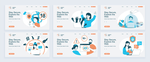 Leinwandbilder - Internet cyber safety for kids concept of landing page with slide templates set in flat design. Website headers with people protect children online privacy with parental control. Vector illustrations.
