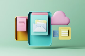 Poster - A colorful 3D depiction of digital communication elements and cloud storage.