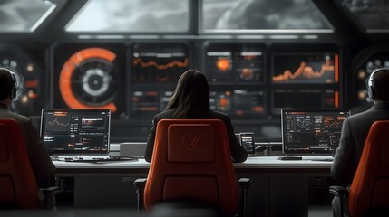 Poster - biotech investment fund managers evaluating industry trends well dressed executives in a high tech c
