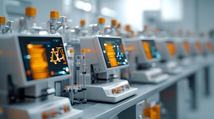 Poster - Rows of sleek metallic automated biotech equipment performing high throughput DNA sequencing analysis with glowing readouts advanced scientific apparatus
