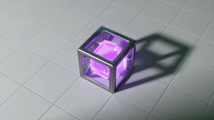 Poster - purple cube gradually emerges inside a glass box, positioned on a white floor featuring a grid patte