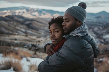 Sticker - Portrait of a tender afro-american couple in their 30s dressed in a thermal insulation vest isolated in panoramic mountain vista