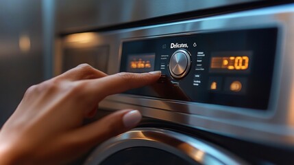 Poster - A person adjusts the drying cycle settings to Delicates on a modern washing machine in their home