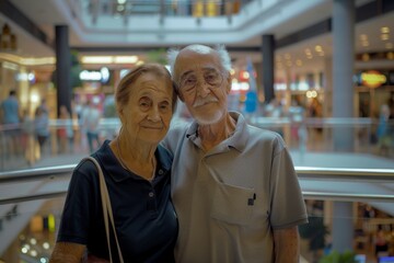 Sticker - Portrait of a blissful couple in their 80s wearing a breathable golf polo isolated in bustling shopping mall