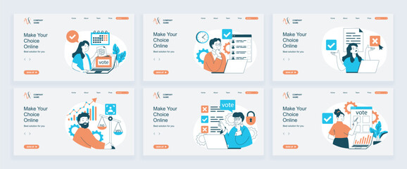 Leinwandbilder - Online voting concept of landing page with slide templates set in flat design. Website headers with people make choose in political vote online and analyzing politics rating. Vector illustrations.